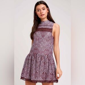 Lulus Burgundy Lace Drop Waist Dress S High Neck Cocktail Party Boho Romantic